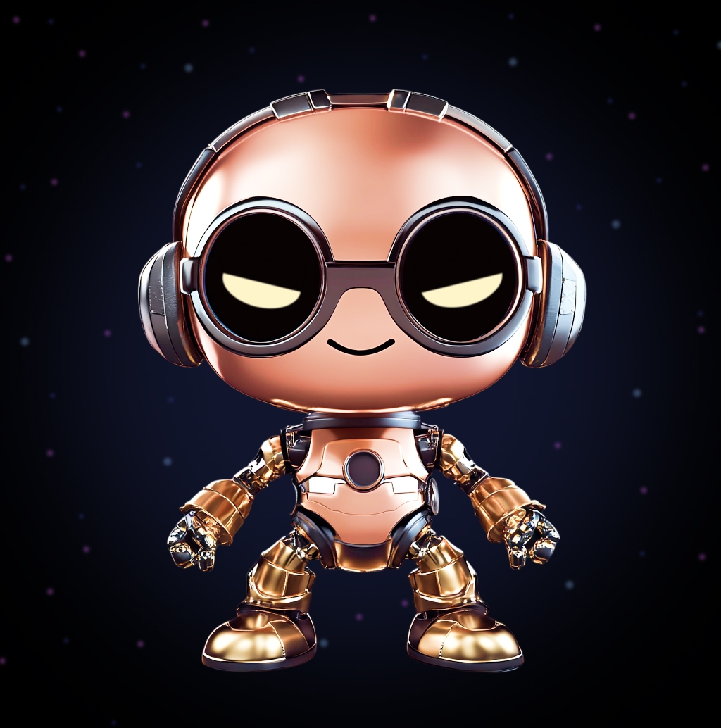 Bronze Bot: A robot with a rounded bronze-colored body, large round black eyes with yellow pupils, stylish goggles, metallic arms and legs with golden accents.