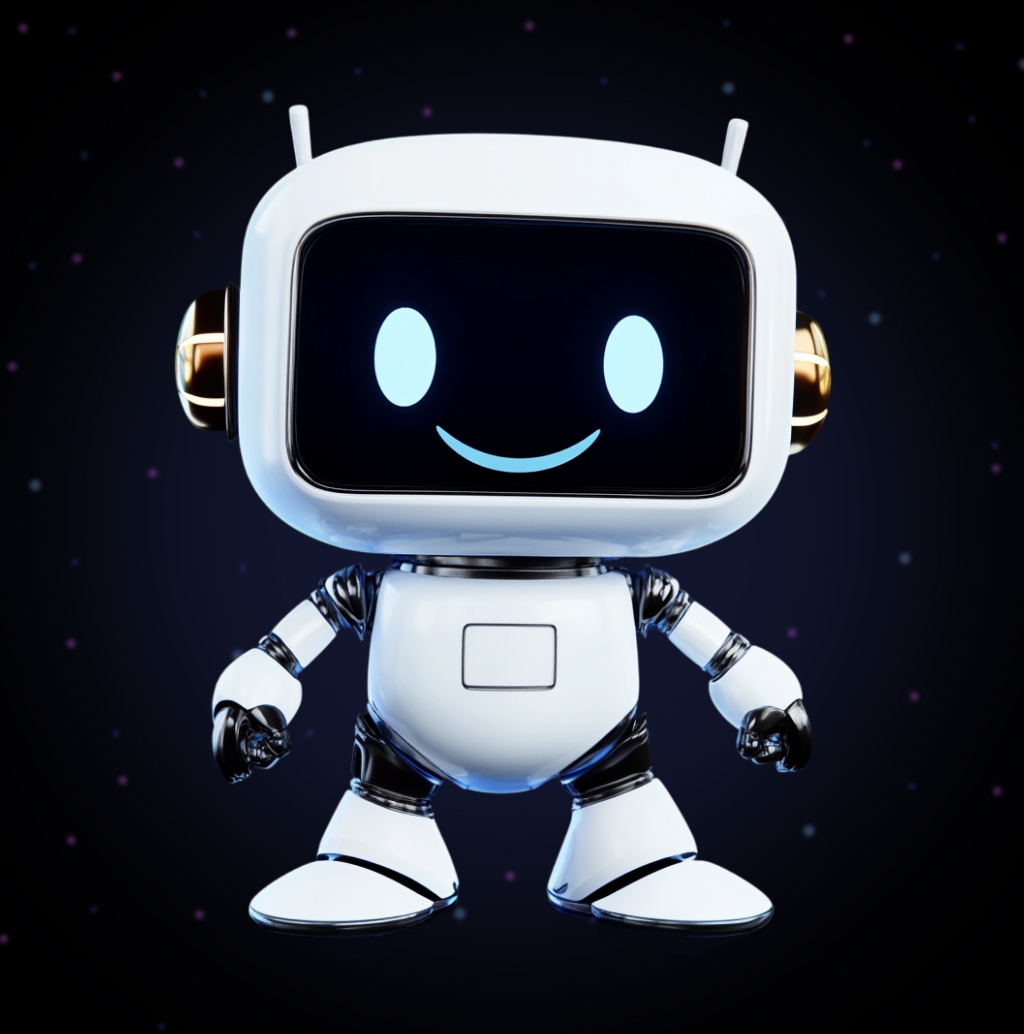 White Bot with Screen Face: A minimalist robot with a white body, a screen-like face showing a blue smile, golden elements on the side speakers, and a simple design.