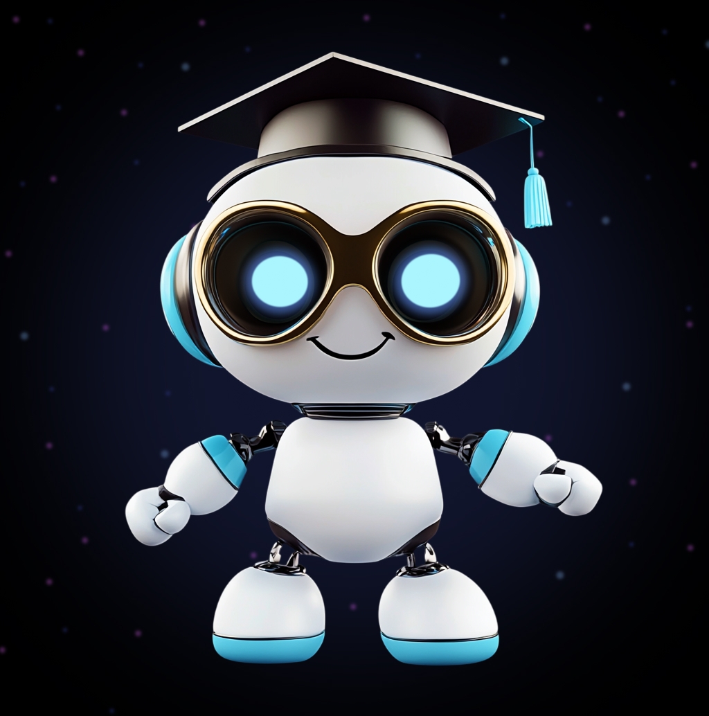 Bot with Academic Cap: A white robot with blue accents, large glowing blue eyes behind gold-rimmed glasses, wearing an academic cap with a tassel, emphasizing its educational theme.
