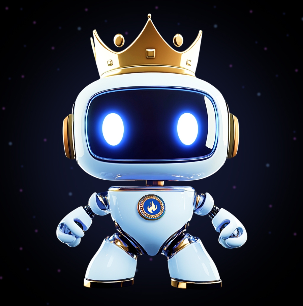 King Bot: A white robot with a screen face, crowned with a golden crown. It has a circular badge with an emblem on its chest and golden accents on its limbs.