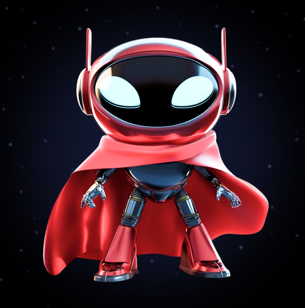 Red Superhero Bot: A dark metallic robot with a bright red cape, glowing eyes in a helmet, and a design reminiscent of a superhero costume.