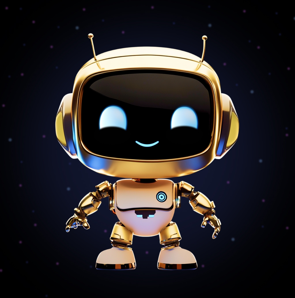 Golden Bot: A robot with a golden body and a rounded screen face, smiling, with short antennas on its head, highlighting a refined and friendly style.
